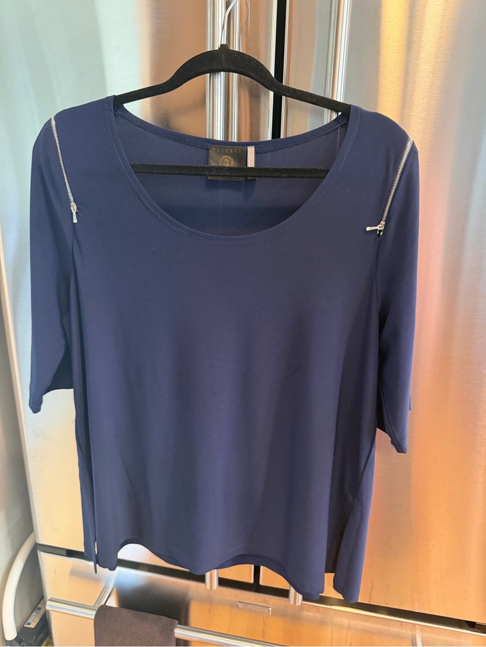 Scoop Neck Short Sleeve Top with Shoulder Zip Accents - Navy